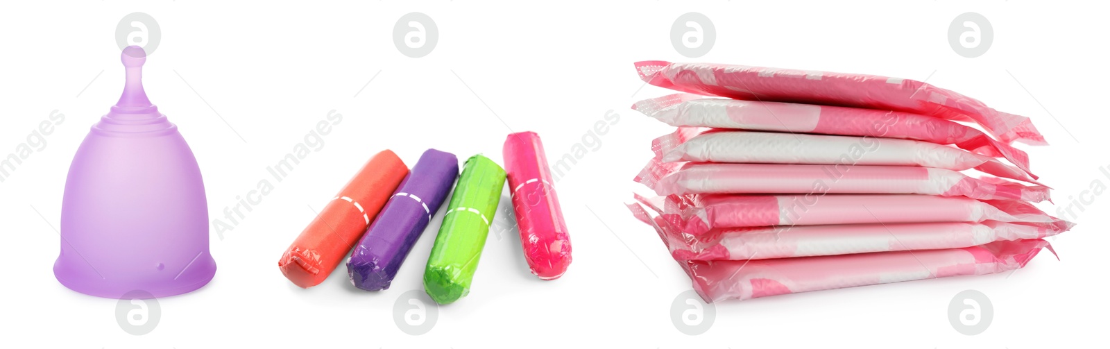 Image of Menstrual cup, tampons and pads isolated on white. Feminine hygiene products