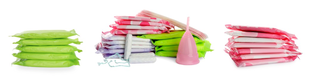 Image of Menstrual cup, tampons and pads isolated on white. Feminine hygiene products