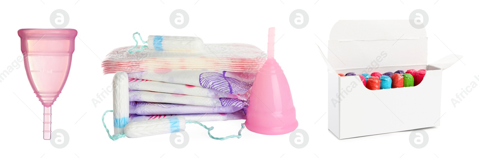 Image of Menstrual cups, tampons and pads isolated on white. Feminine personal hygiene products