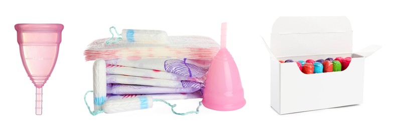 Image of Menstrual cups, tampons and pads isolated on white. Feminine personal hygiene products