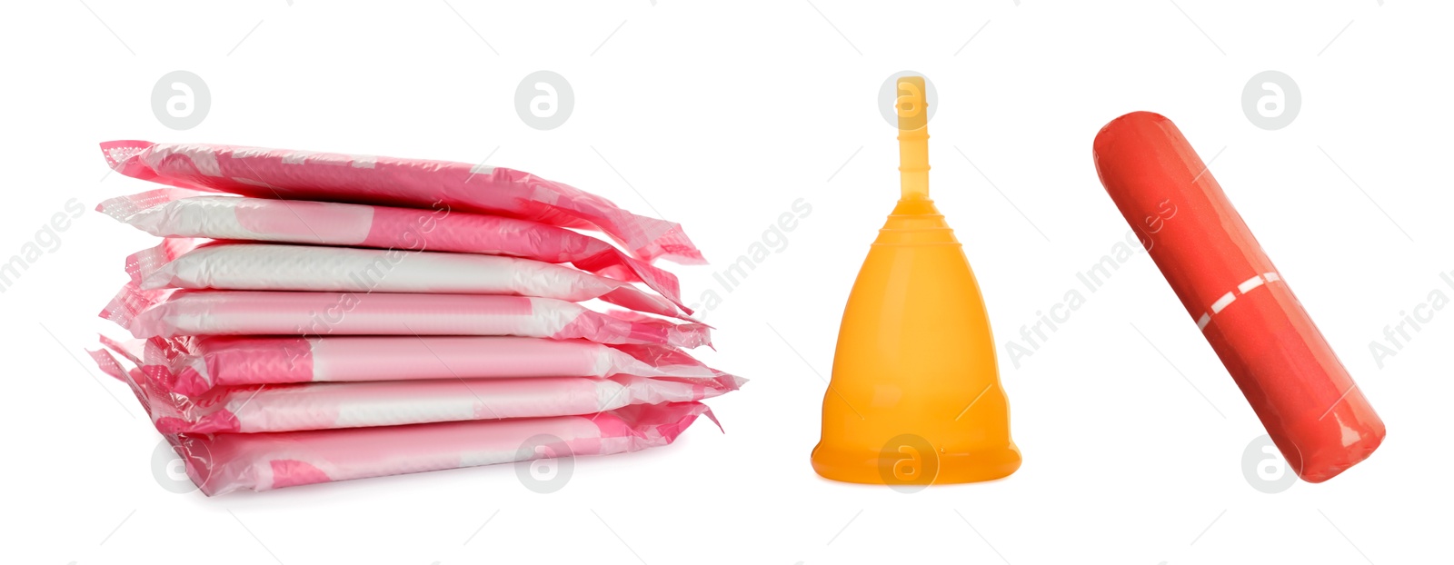 Image of Menstrual cup, tampon and pads isolated on white. Feminine hygiene products