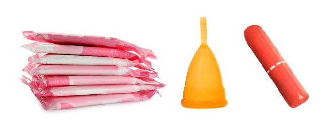 Menstrual cup, tampon and pads isolated on white. Feminine hygiene products