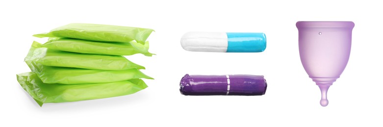 Menstrual cup, tampons and pads isolated on white. Feminine hygiene products