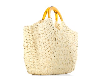 Photo of Stylish straw bag isolated on white. Summer accessory