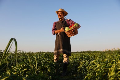 Photo of Harvesting season. Farmer with wicker basket of fresh vegetables in field on sunny day