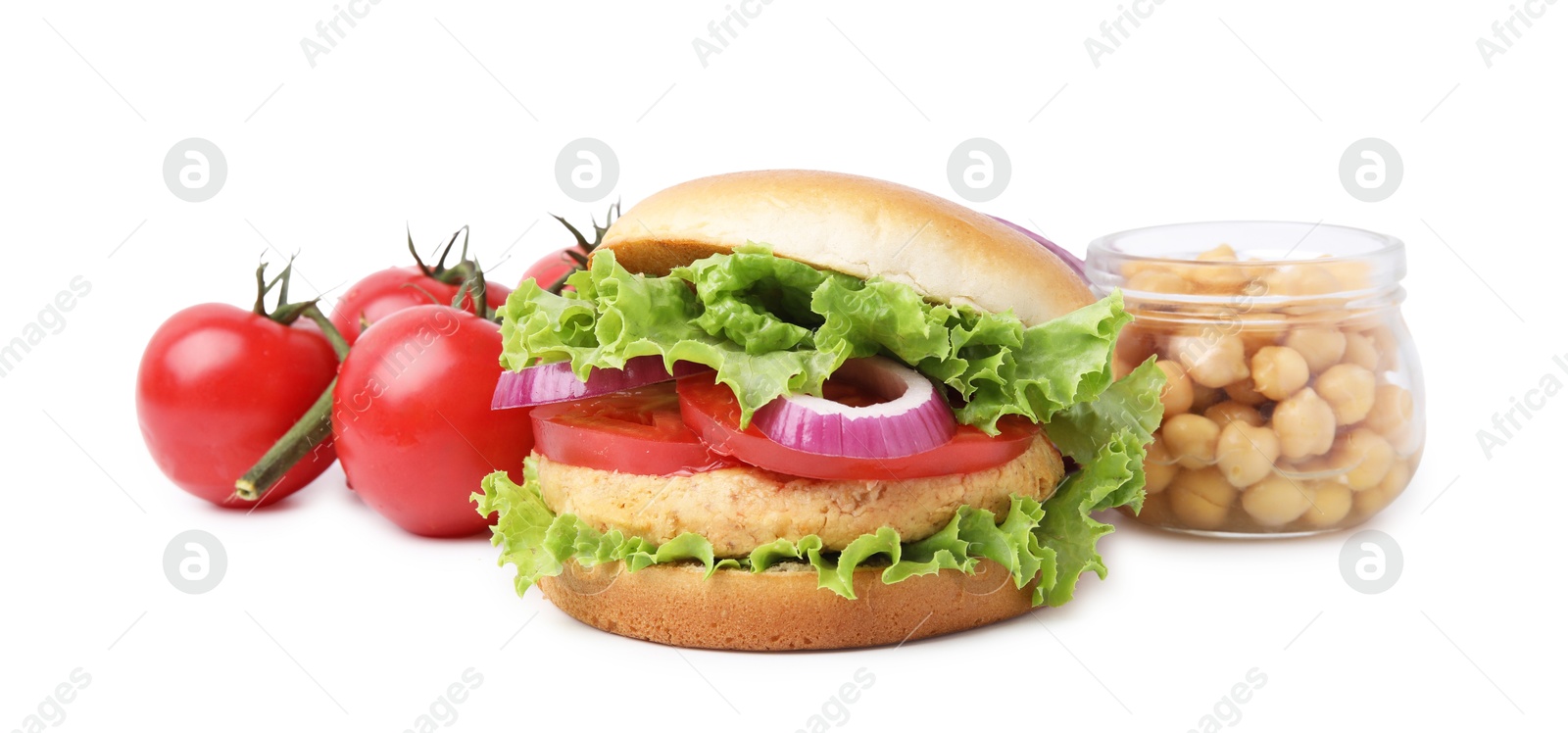 Photo of Delicious vegetarian burger with chickpea cutlet and ingredients isolated on white