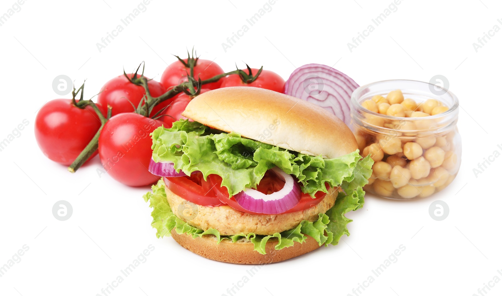 Photo of Delicious vegetarian burger with chickpea cutlet and ingredients isolated on white