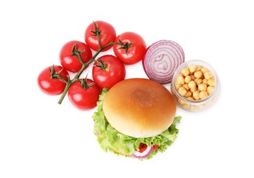 Photo of Delicious vegetarian burger with chickpea cutlet and ingredients isolated on white, top view