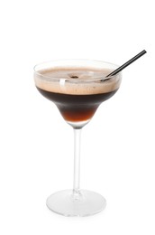 Photo of One glass of delicious espresso martini isolated on white