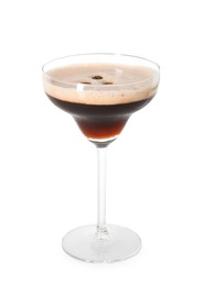 Photo of One glass of delicious espresso martini isolated on white