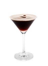 Photo of One glass of delicious espresso martini isolated on white