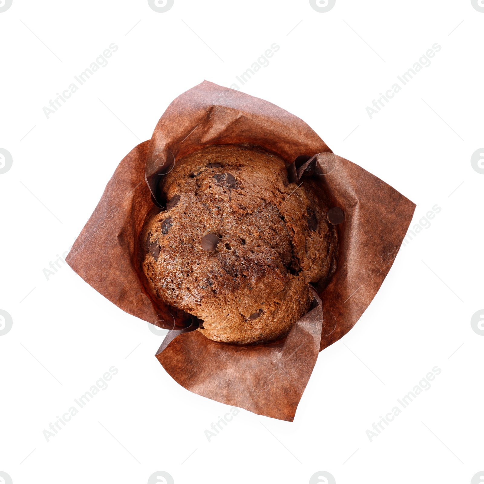 Photo of Delicious sweet muffin with chocolate chips isolated on white, top view