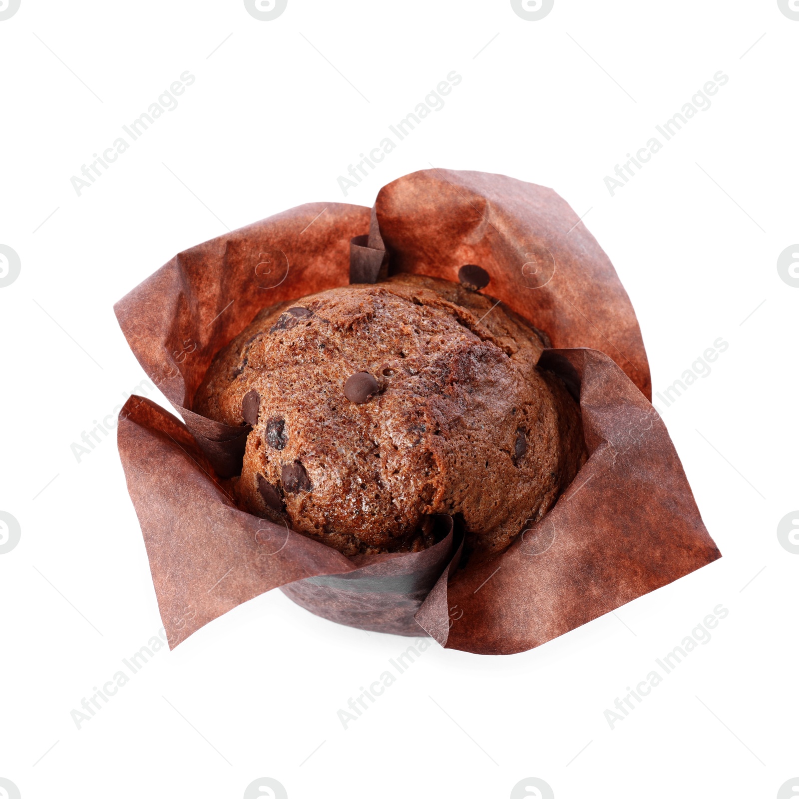 Photo of Delicious sweet muffin with chocolate chips isolated on white