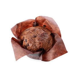 Photo of Delicious sweet muffin with chocolate chips isolated on white