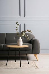 Stylish sofa and eucalyptus branches in vase on coffee table in room