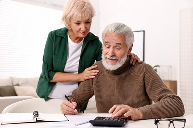 Photo of Pension savings. Senior couple planning budget at white table indoors