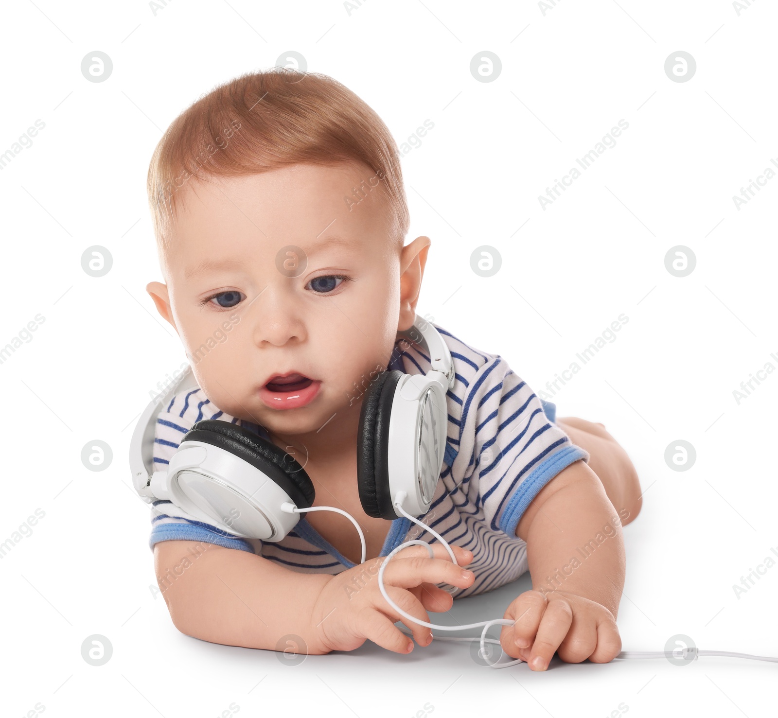 Photo of Cute little baby with headphones on white background