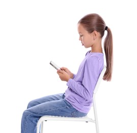 Girl with correct posture and smartphone sitting on white background