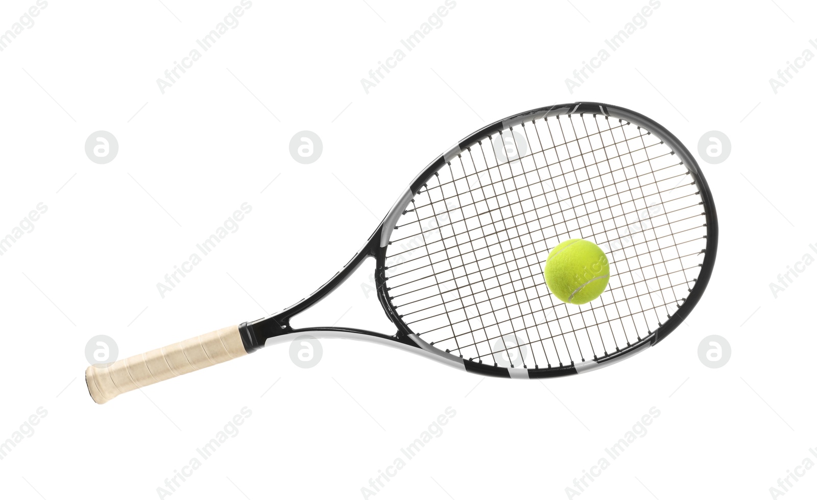 Photo of Tennis racket with ball isolated on white