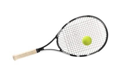 Photo of Tennis racket with ball isolated on white