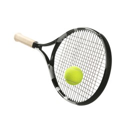 Photo of Tennis racket with ball isolated on white