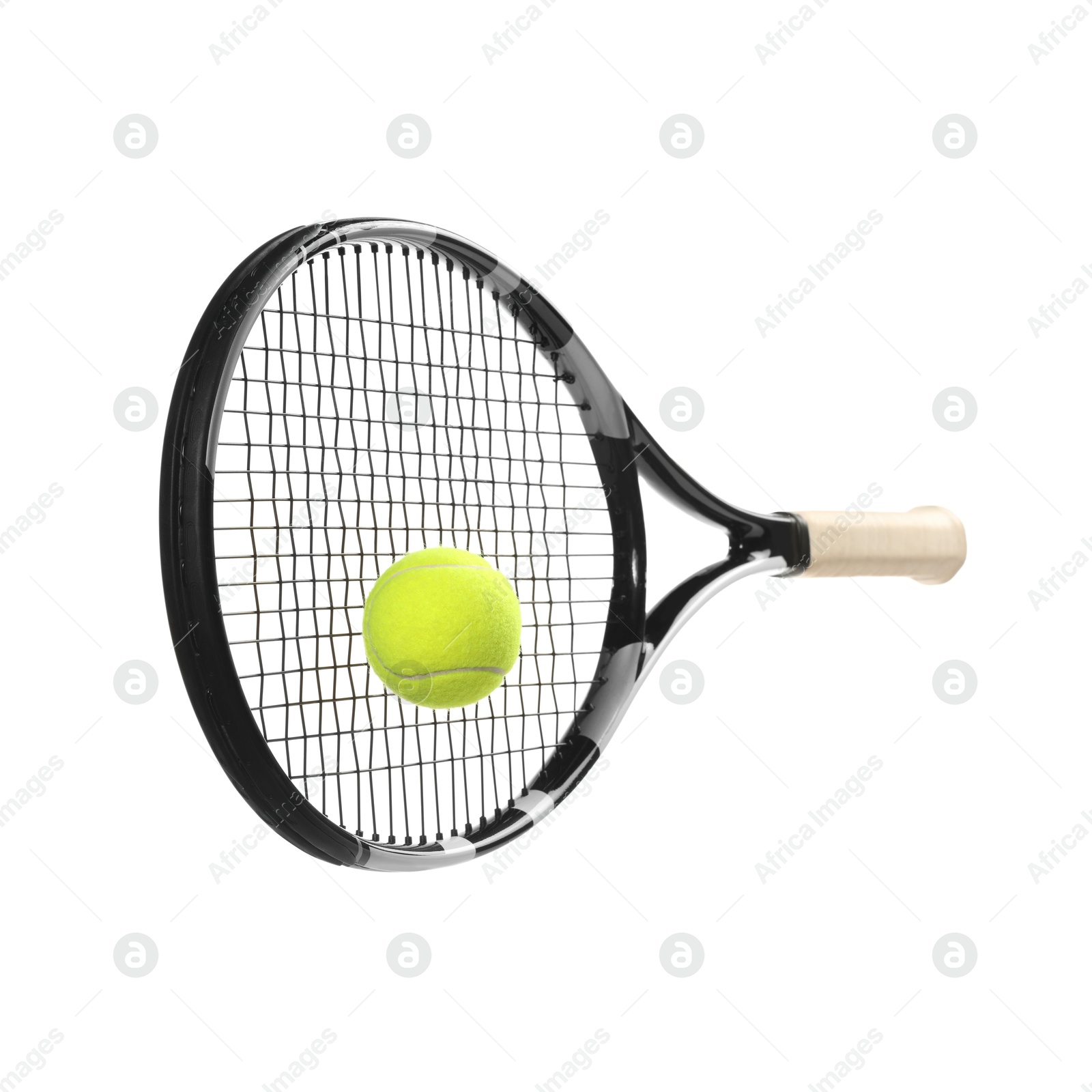 Photo of Tennis racket with ball isolated on white