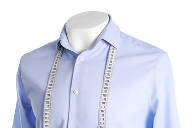 Photo of Mannequin with shirt and measuring tape isolated on white