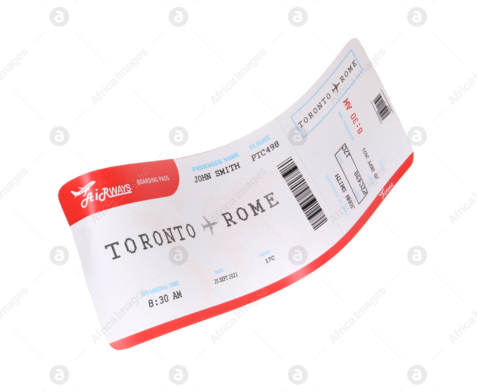 Photo of One airplane ticket isolated on white. Traveling abroad