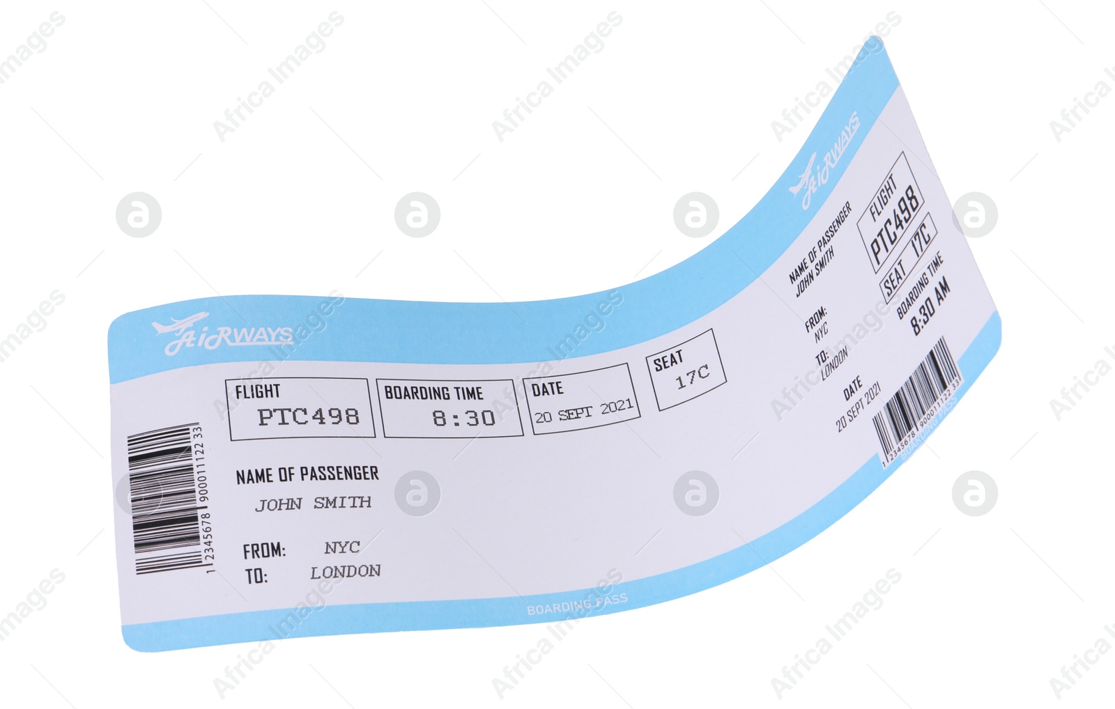 Photo of One airplane ticket isolated on white. Traveling abroad