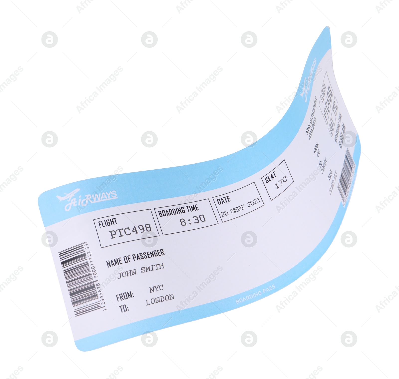 Photo of One airplane ticket isolated on white. Traveling abroad