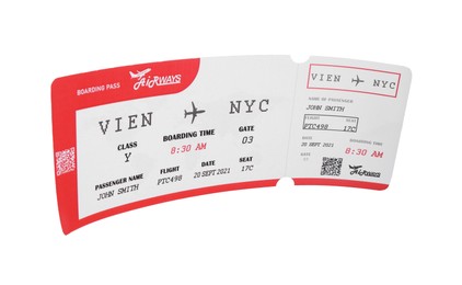 Photo of One airplane ticket isolated on white. Traveling abroad