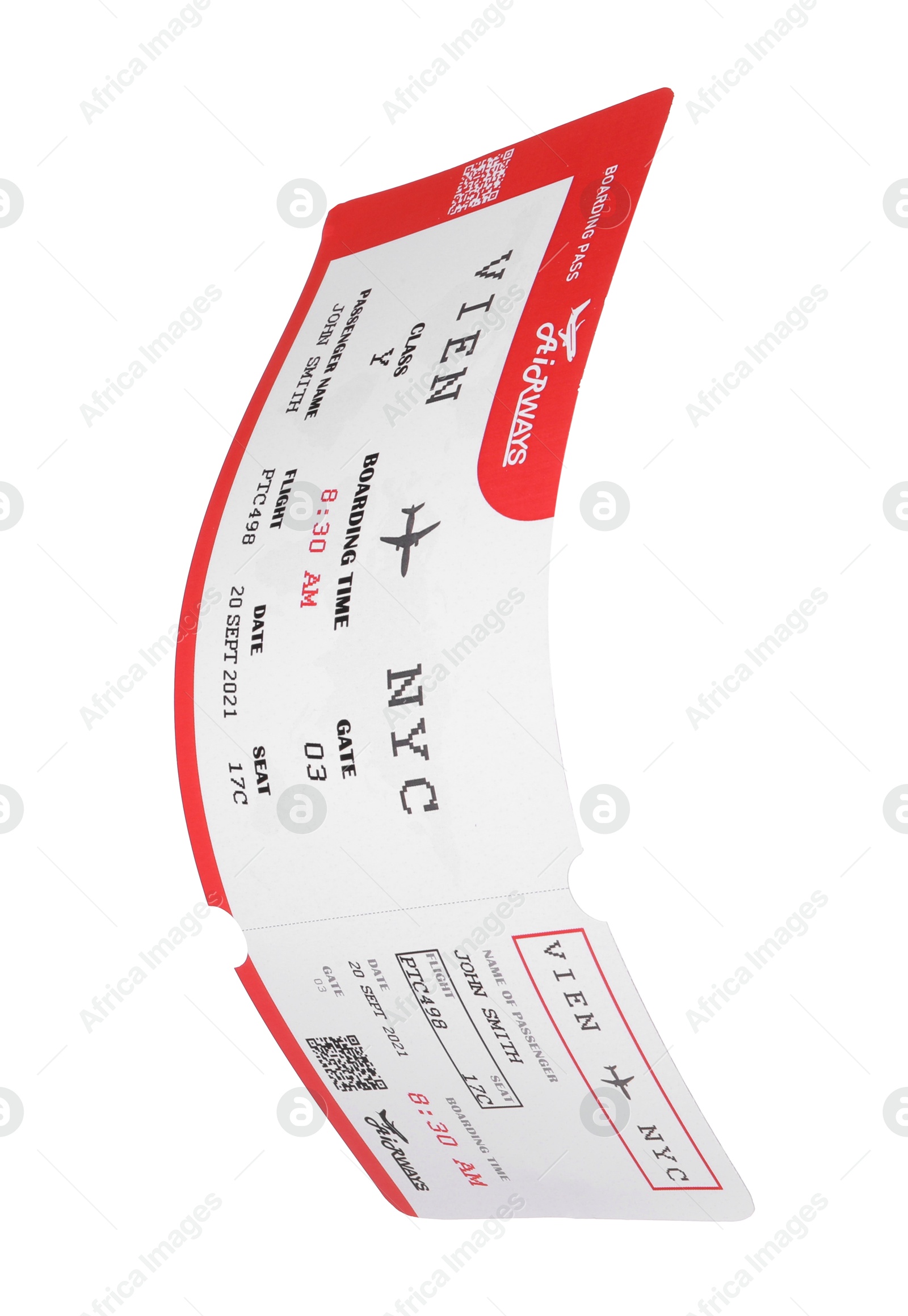 Photo of One airplane ticket isolated on white. Traveling abroad