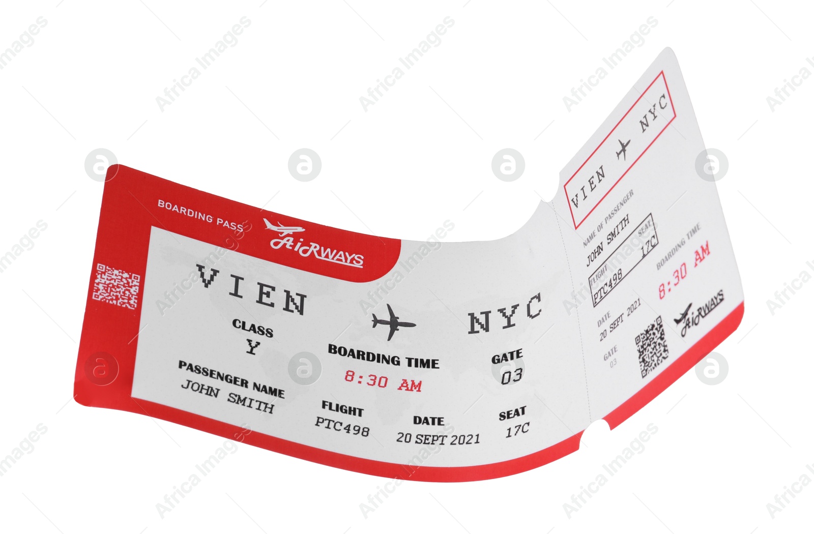 Photo of One airplane ticket isolated on white. Traveling abroad