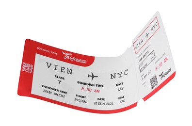 Photo of One airplane ticket isolated on white. Traveling abroad