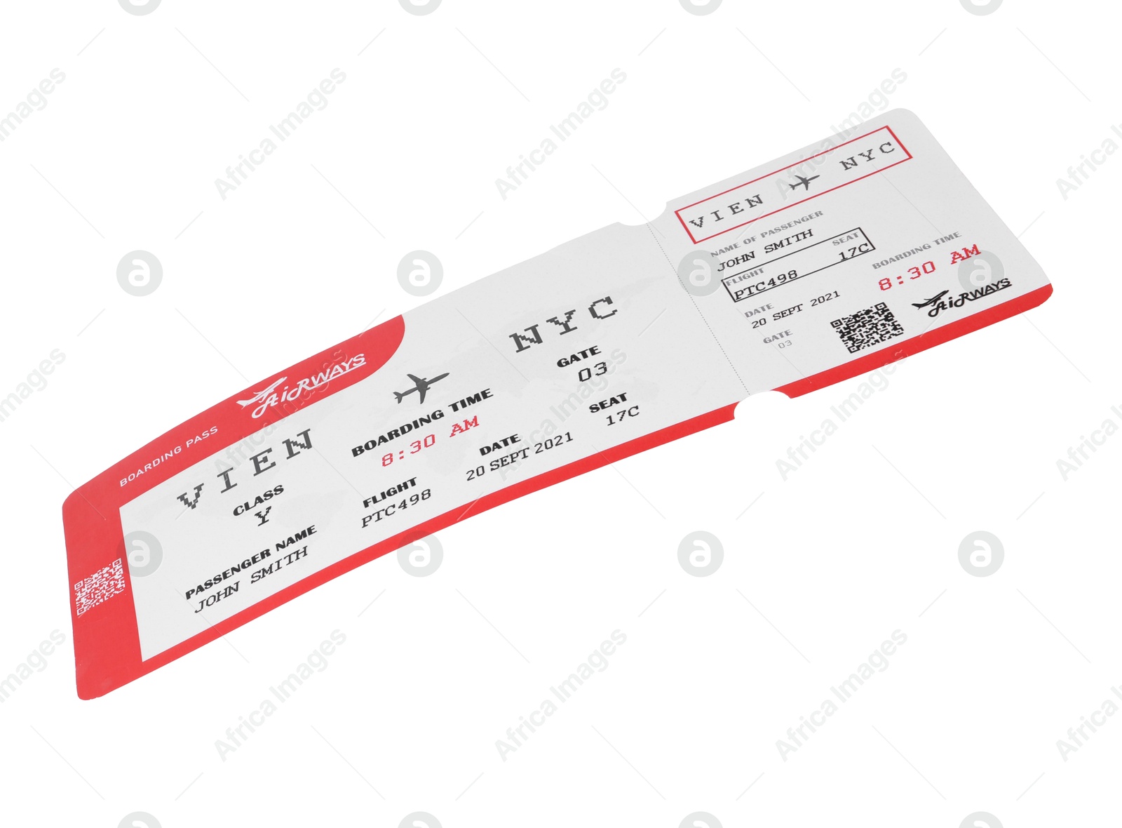 Photo of One airplane ticket isolated on white. Traveling abroad