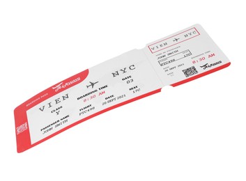 Photo of One airplane ticket isolated on white. Traveling abroad