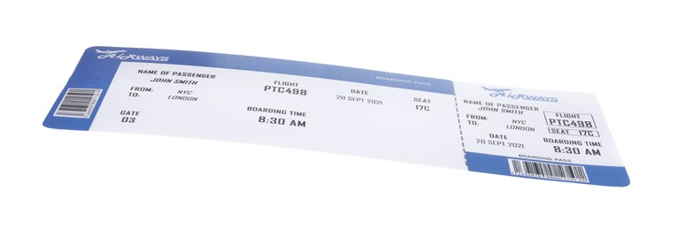 Photo of One airplane ticket isolated on white. Traveling abroad