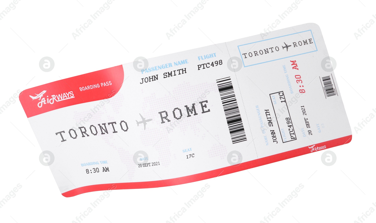 Photo of One airplane ticket isolated on white. Traveling abroad