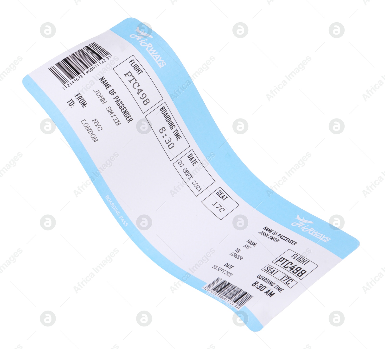 Photo of One airplane ticket isolated on white. Traveling abroad