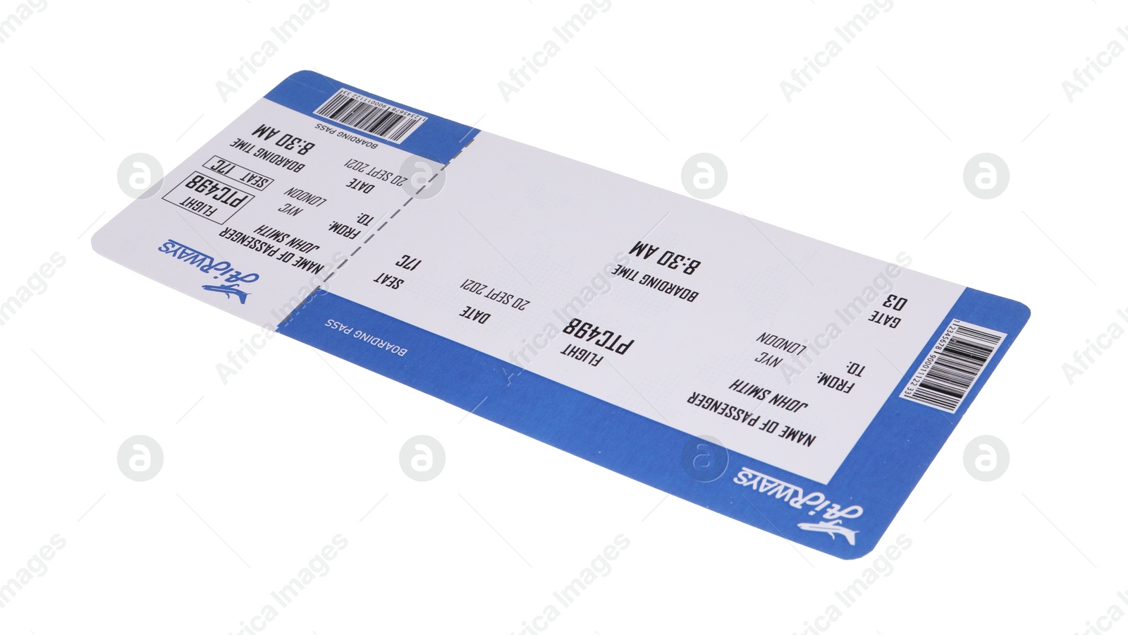 Photo of One airplane ticket isolated on white. Traveling abroad