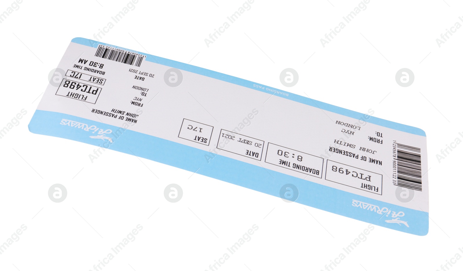 Photo of One airplane ticket isolated on white. Traveling abroad