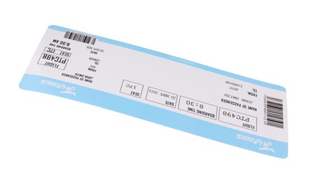 Photo of One airplane ticket isolated on white. Traveling abroad