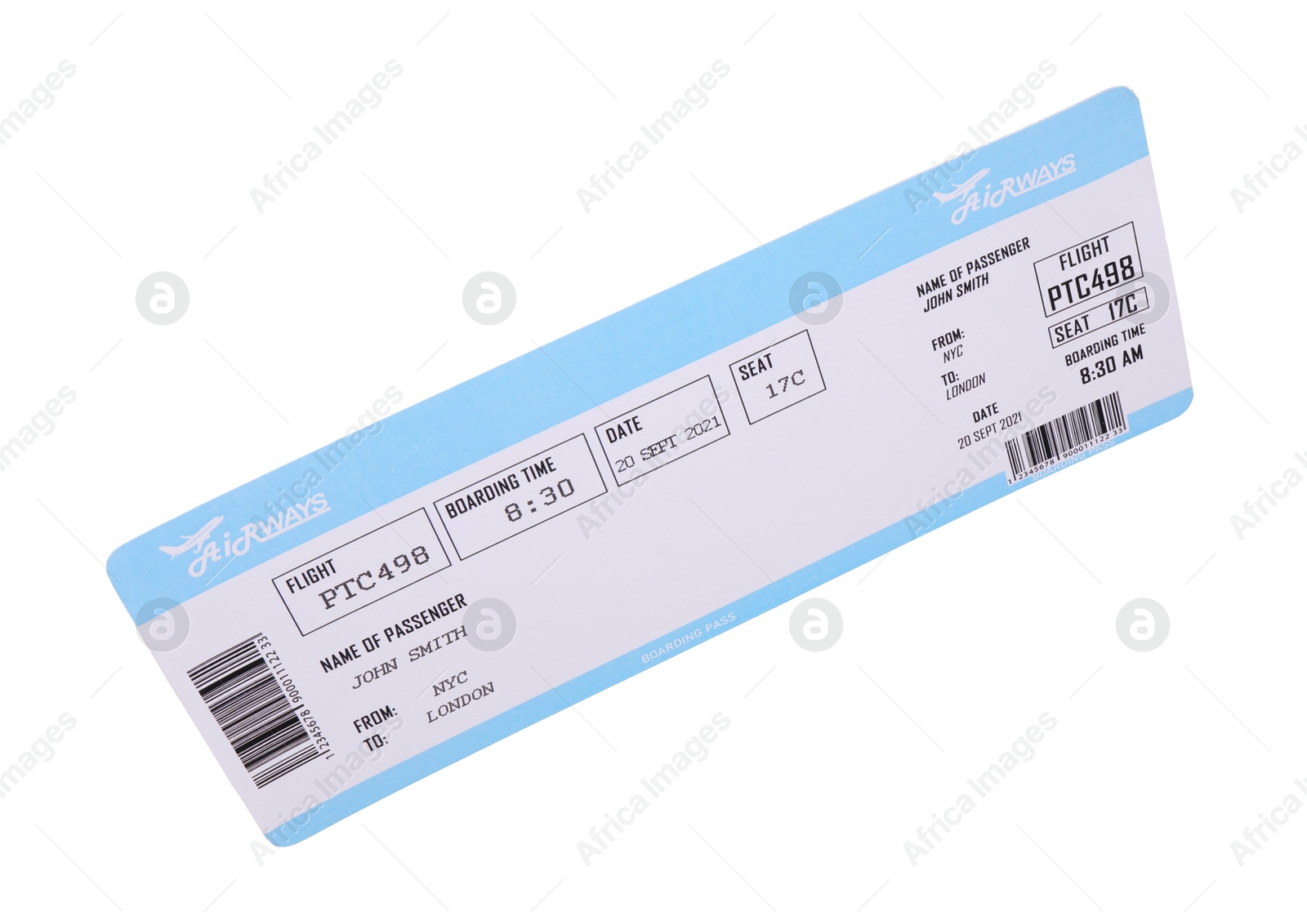 Photo of One airplane ticket isolated on white. Traveling abroad