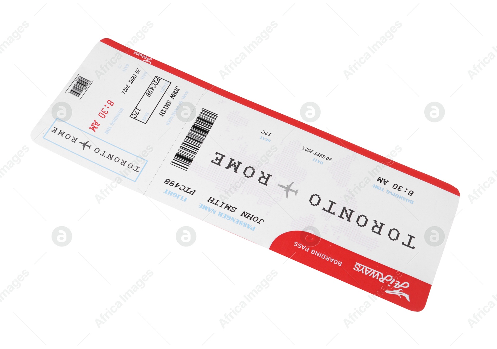 Photo of One airplane ticket isolated on white. Traveling abroad