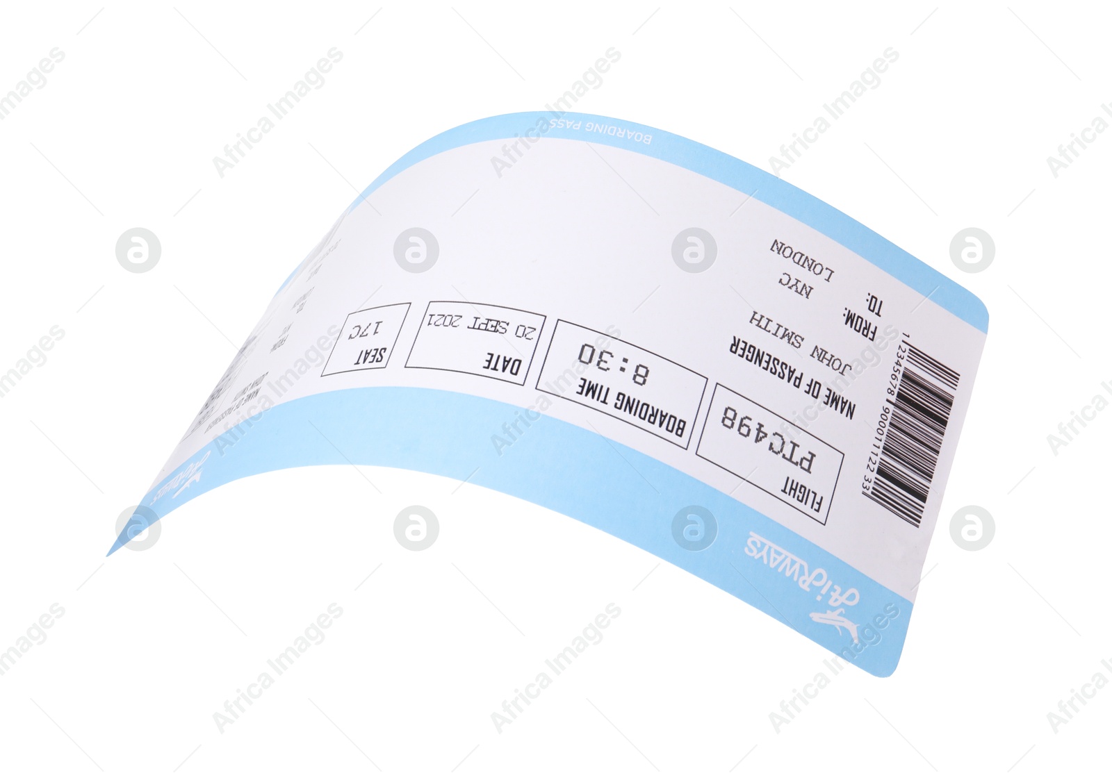 Photo of One airplane ticket isolated on white. Traveling abroad