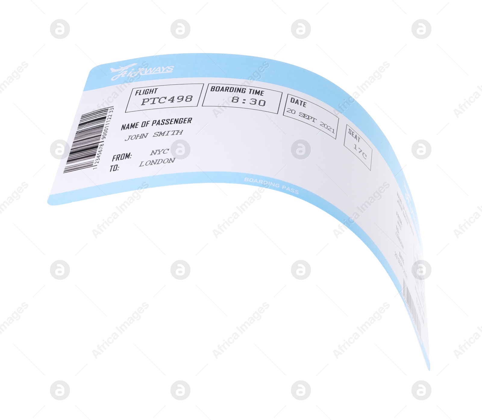 Photo of One airplane ticket isolated on white. Traveling abroad