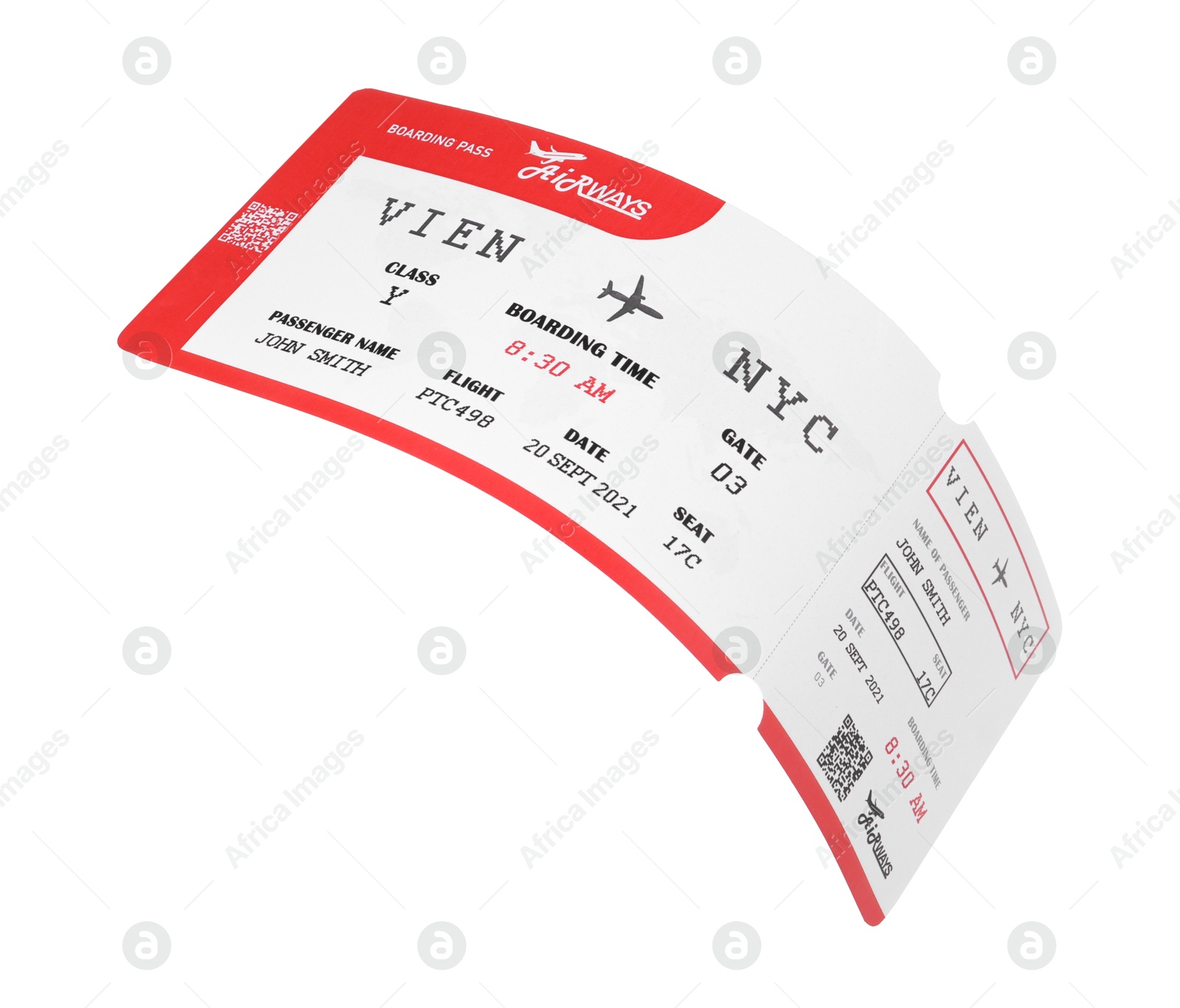 Photo of One airplane ticket isolated on white. Traveling abroad