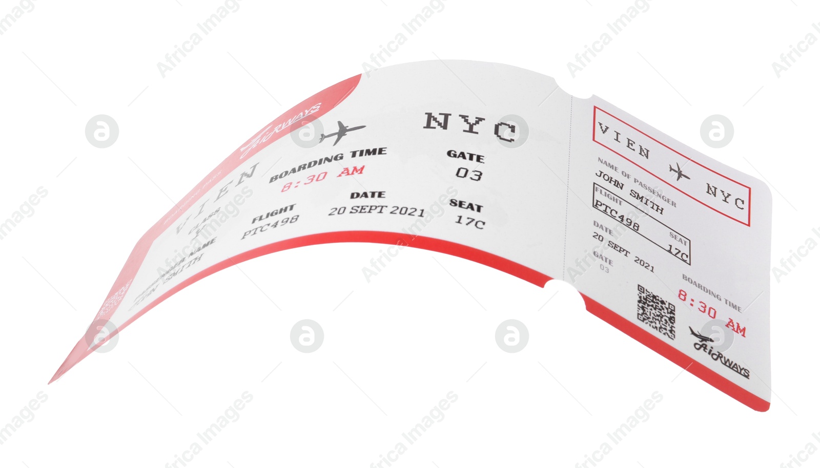 Photo of One airplane ticket isolated on white. Traveling abroad