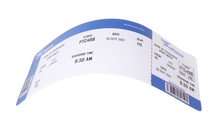 Photo of One airplane ticket isolated on white. Traveling abroad