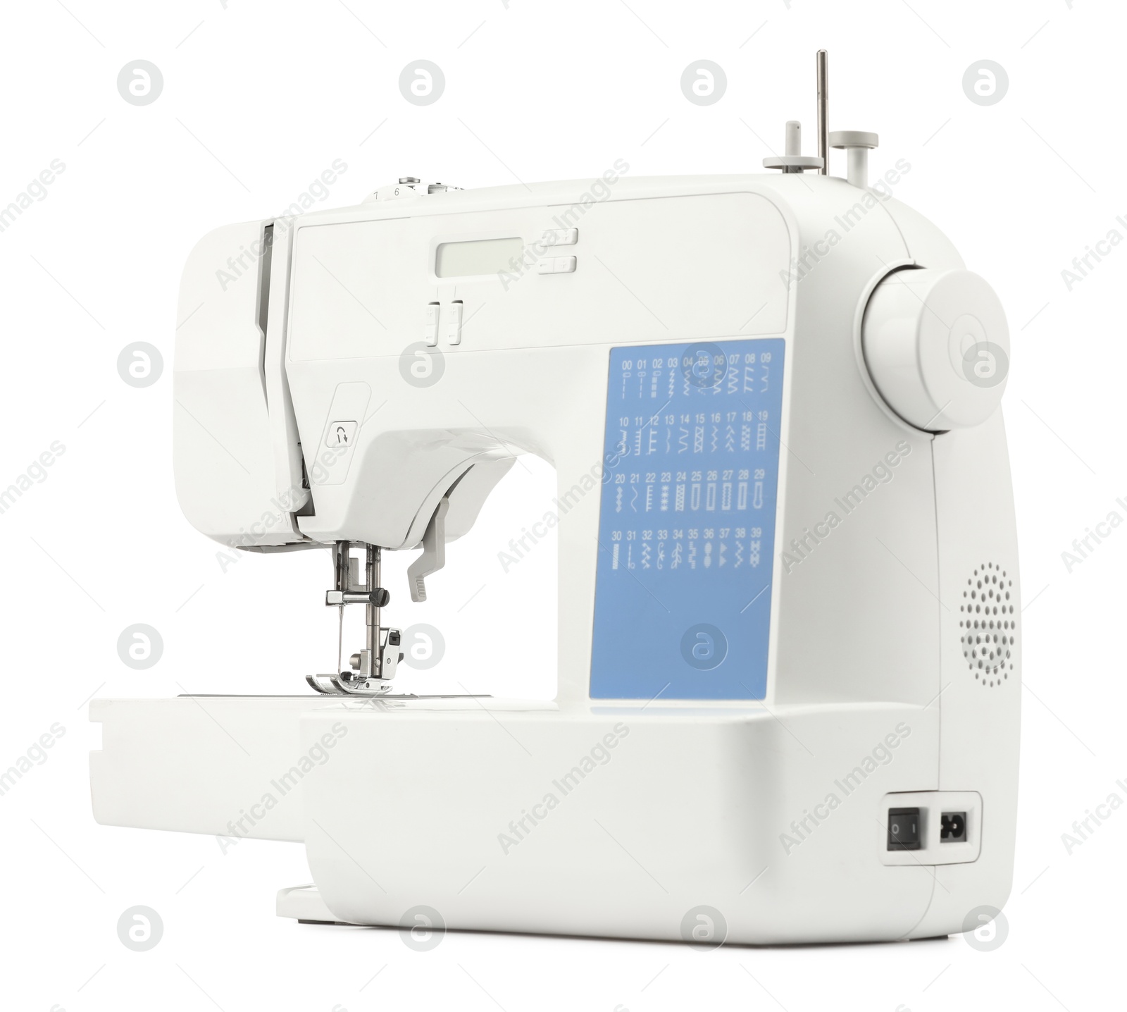 Photo of One modern sewing machine isolated on white